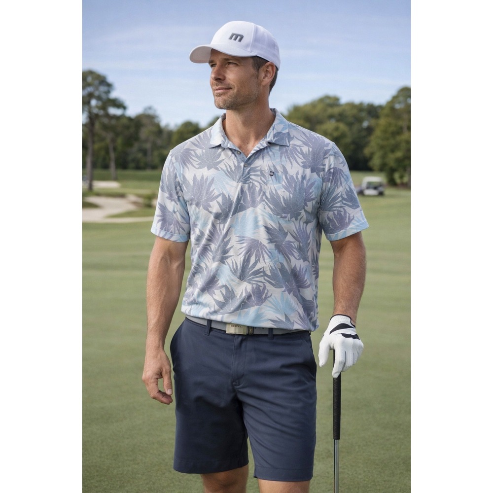 Travis Mathew Polo Shirt Mens Large Gray Blue Palm Leaves Short Sleeves Golf‎